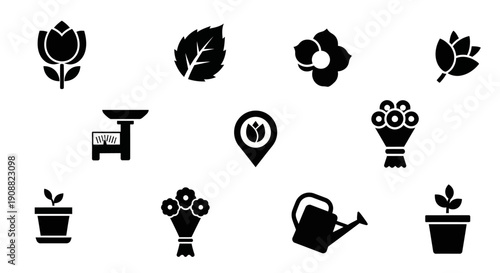 A collection of black and white icons representing various aspects of gardening and floral arrangements.