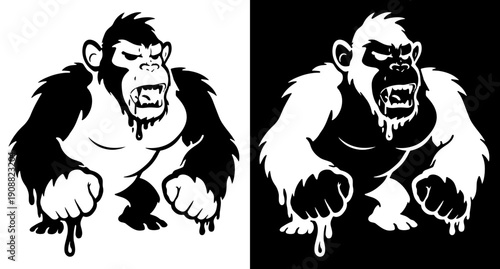 Aggressive Gorilla Logo Illustration Black White Mascot Ape Silhouette Powerful Wild Animal Design for T Shirts Stickers Branding