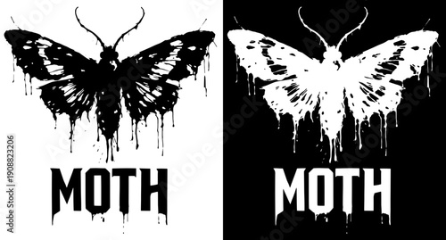 Gothic Moth Logo Silhouette Black White Insect Mascot Dark Aesthetic Streetwear Design for T Shirts Stickers Branding