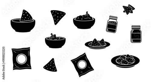 A collection of black and white illustrations of various nacho and dip-related food items, including chips, bowls of dip, and small jars.