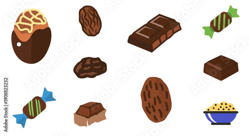 A delightful assortment of various chocolate confections, including pralines, bars, and candies, presented against a clean white background.