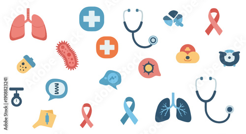 A vibrant collection of medical icons, including lungs, stethoscopes, bacteria, and awareness ribbons, symbolizing health and research.