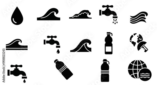 Collection of water-related icons including a water drop, waves, faucets, water bottles, and globes representing environmental themes.