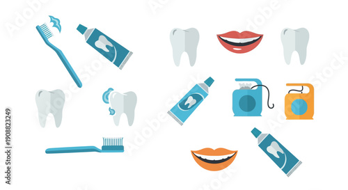 A collection of dental hygiene items including toothbrushes, toothpaste, dental floss, and smiling mouths, illustrating oral care practices.