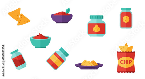 A vibrant collection of Mexican food items, including tortilla chips, various dips and salsas, and jars of condiments, presented in a clean, flat design style.