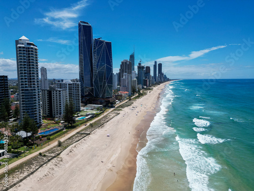 A drone photo of the Gold Coast, Surfers Paradise beach in the sunshine