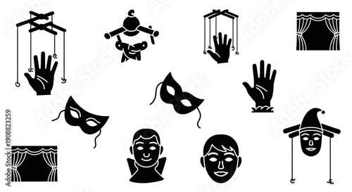 A collection of black and white silhouette icons representing various elements of theater and performance art, including puppets, masks, and stage curtains.