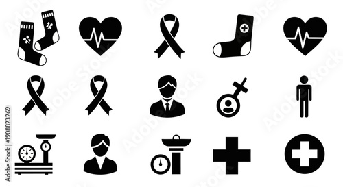 Collection of medical and health-related icons including heartbeats, ribbons, socks, scales, people silhouettes, and a cross.