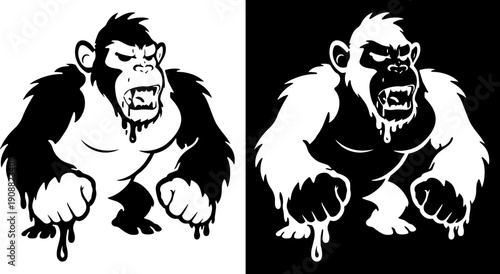 Aggressive Gorilla Logo Illustration Black White Mascot Ape Silhouette Powerful Wild Animal Design for T Shirts Stickers Branding