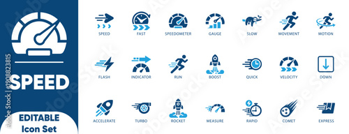 Speed editable solid icon set.Features speeding,measure,productivity,turbo,velocity,run,accelerate,down,comet,quick,illustration,and vector.