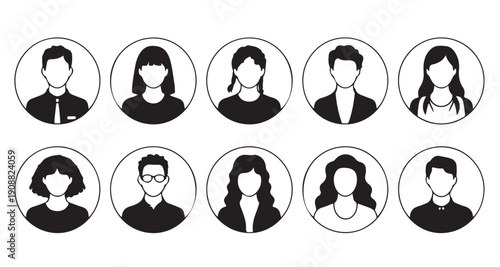 Round user icons featuring modern young people with different facial features and accessories