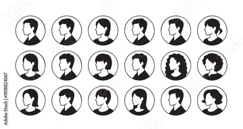 Side view portrait silhouettes of men and women for communication and team member directories