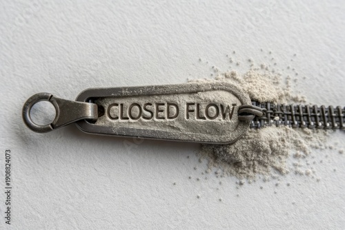 A dusty metal zipper pull with the words Closed Flow engraved