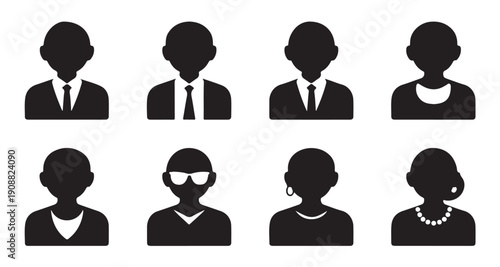 Set of eight diverse people avatars including men and women in various attire for profiles