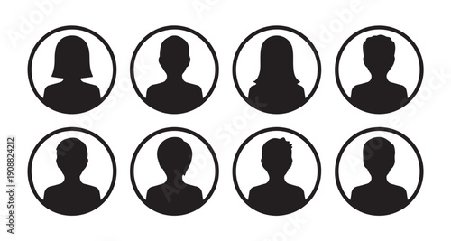 Set of black and white anonymous avatar icons in a flat style with various hairstyles