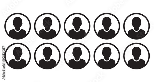 Set of black and white anonymous avatar icons in a flat style, representing generic people