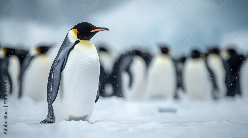 Fototapeta premium Group of king penguins coming back together from sea to beach with waves in the background
