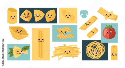 Cartoon Pasta and Tomato Characters Set.