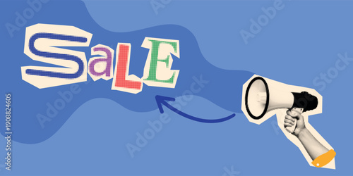 Retro collage halftone sale lettering with colorful cutout letters and megaphone pointing arrow on blue background side view bold playful