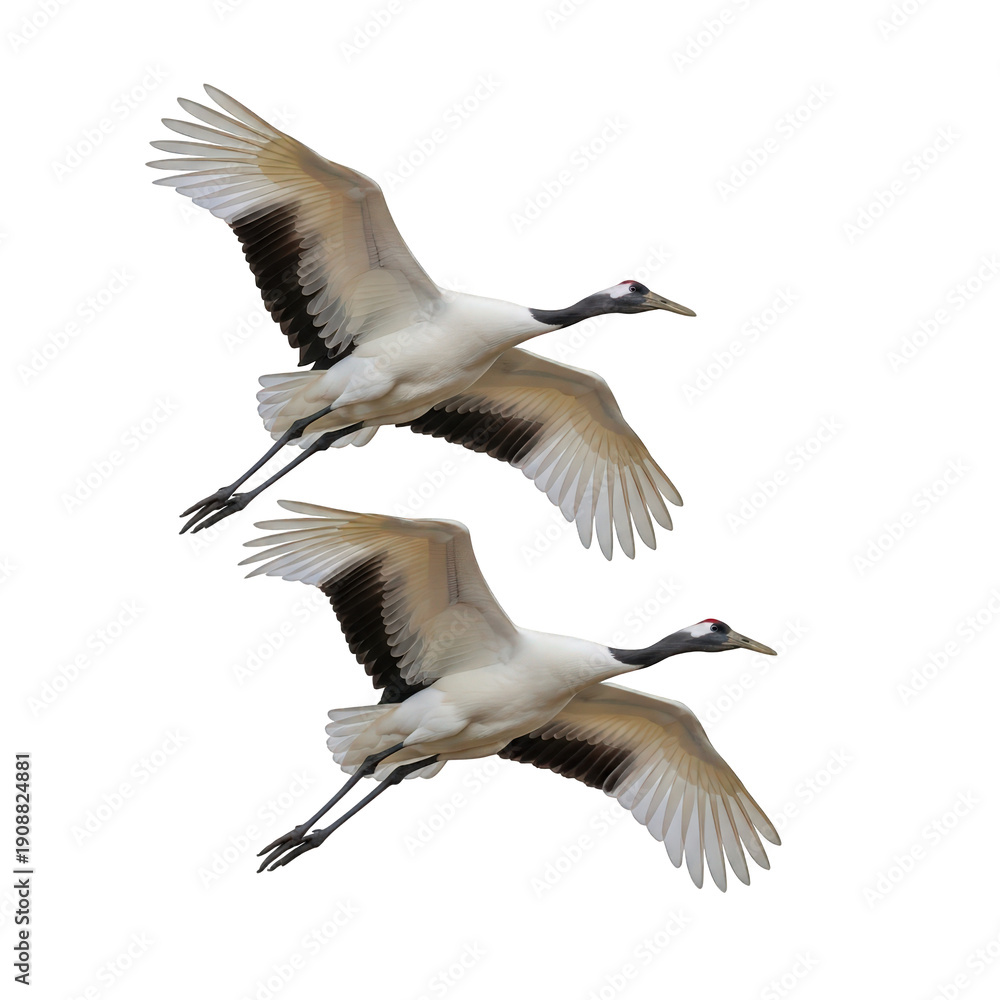Obraz premium Two cranes flying together in perfect sync isolated on transparent background