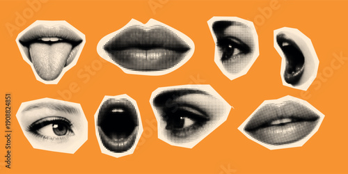 Pop art halftone collage close up eyes and mouths arranged on orange background retro vector cutout composition looking sideways fragmented