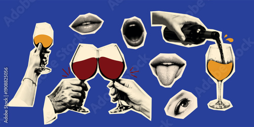 Pop art halftone collage close up hands clinking red wine glasses with pouring bottle on blue background vintage sticker cutout