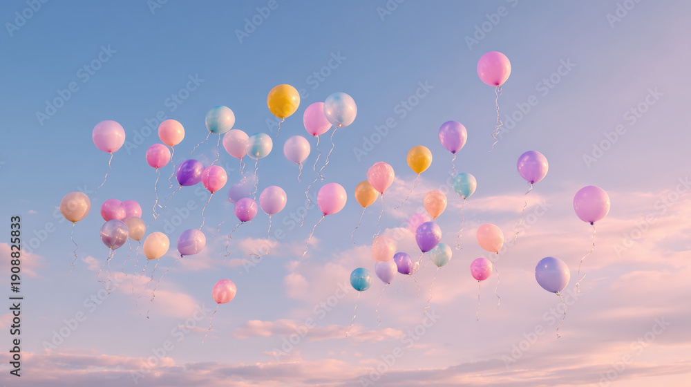 Fototapeta premium Floating pastel balloons drift across soft dawn sky evoking gentle joy and celebration