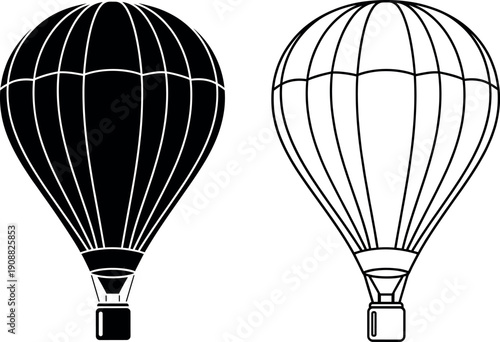 Hot air balloon in solid and outline styles with basket, representing travel, adventure, sky flight, and aerial transportation