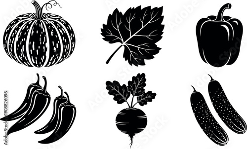 Hand-drawn black vegetable and produce illustration set featuring pumpkin leaf bell pepper chili banana beet and cucumber silhouettes