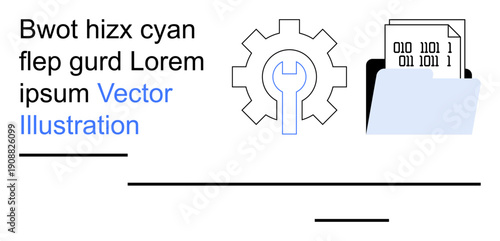 Data management, technology solutions, digital processing, coding, automation, development tools. Gear icon, folder and binary code on a clean design. Data management and technology solutions