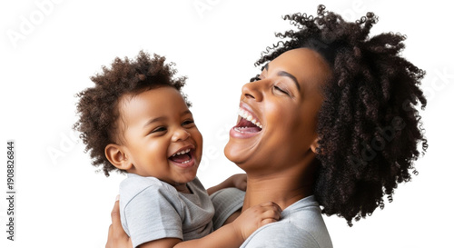 A happy African American woman holding her laughing baby on transparent background