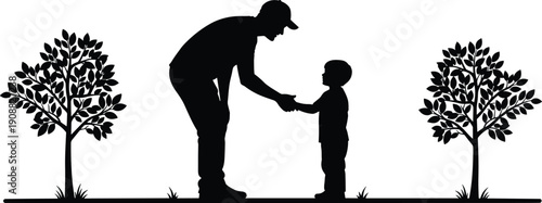 Father and child silhouette handshake outdoors, family bonding moment, parenting concept, trust care relationship, trees landscape isolated white background