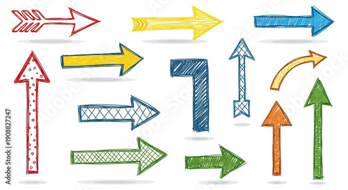 A collection of colorful hand-drawn doodle arrows pointing in different directions with various patterns.
