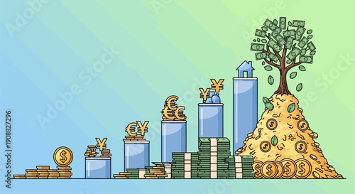 A visual representation of financial growth and wealth accumulation, showing various currencies, assets, and a money tree.