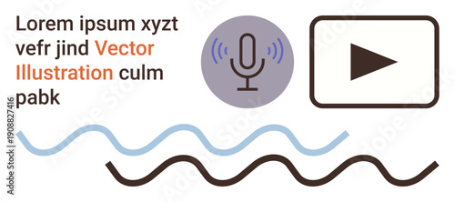 Media production, communication, audio recording, content creation, sound waves, playback. Microphone and play button. Media production and communication highlighted visually