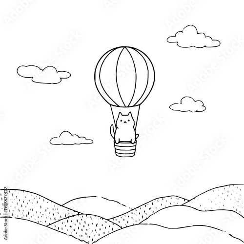 Whimsical cat soars through sky in hot air balloon with clouds and hills