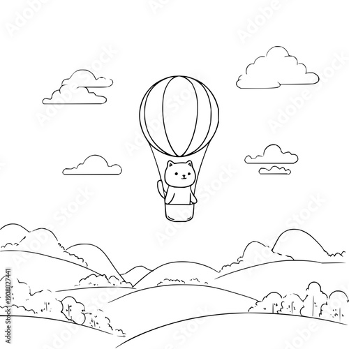 Whimsical cat in hot air balloon flying over rolling hills and clouds serene landscape