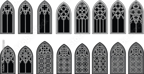Gothic stained glass windows collection, medieval church architecture, cathedral window designs, ornate tracery patterns, black silhouette vector set