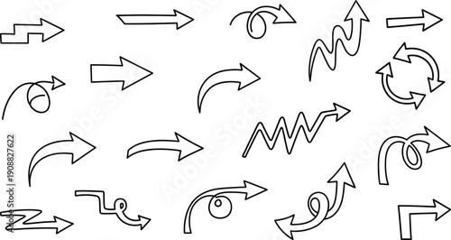 Collection of hand-drawn arrow icons in curved, zigzag, circular, and directional styles for navigation and motion design