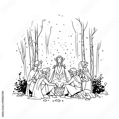 People sitting in a forest clearing at night surrounded by trees engaged in a meeting or discussion around a table under starry sky