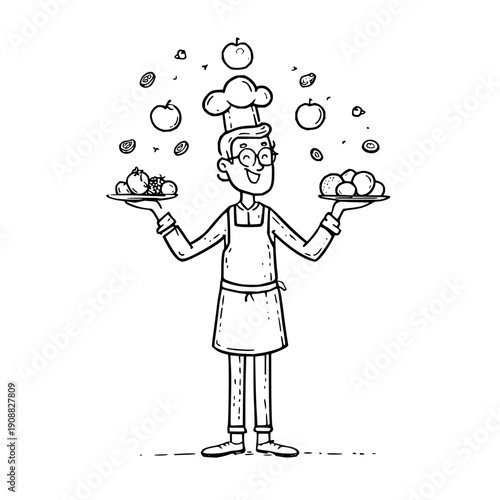 Cartoon chef presenting dishes with floating food ingredients smiling and wearing apron and hat