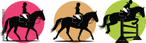 Horse riding silhouette set, equestrian woman rider jumping obstacle, dressage training, horseback sport activity illustration collection