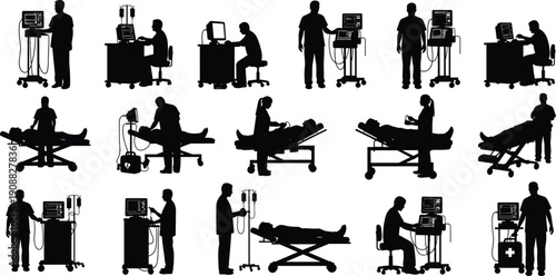 Hospital medical equipment silhouettes, doctors and nurses with patient monitors, intensive care treatment scenes, healthcare technology workflow, emergency ward, black white vector illustration