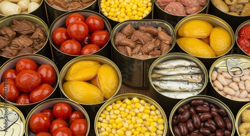 Opened cans with various canned foods