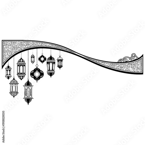 Elegant black and white lanterns hanging from ornate archway