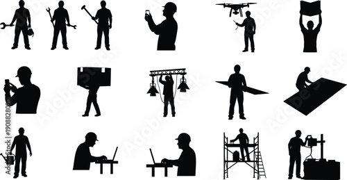 Industrial worker silhouettes icon set, construction, technology, tools, drone operation, manufacturing, labor activities isolated on white background illustration