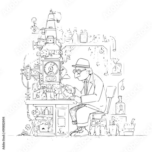 An elderly scientist in a cluttered laboratory working on an experiment with various equipment and tools around him