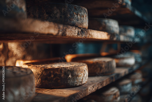 Cheese aging process takes place in a dark storage room with wooden shelves and rounds of cheese placed neatly
