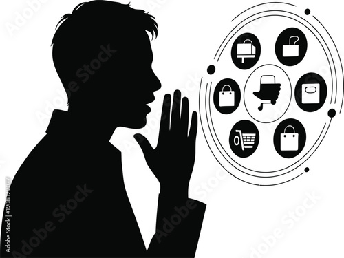 Silhouette of a man whispering with a hand gesture and icons around
