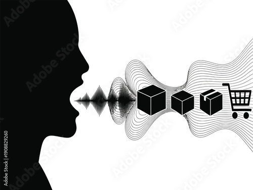 Black silhouette of a person speaking with sound waves transforming into digital cubes and a shopping cart